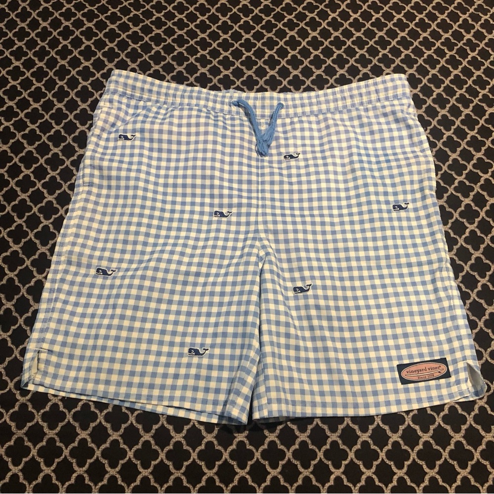 Vineyard Vines Plaid Whales Chappy Blue White Swim Trunks Youth Sz 16 Large De7